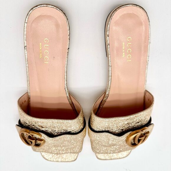 Gucci Marmont Double G Slide Sandals Gold Metallic Leather GG Flat EU 36 US 6 - Picture 3 of 12